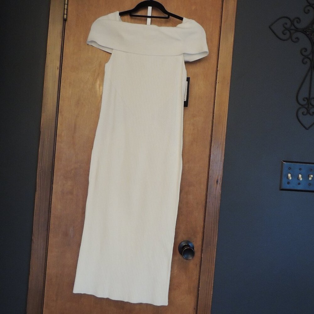 Gabrielle Union Off-the-Shoulder Ribbed Knit Midi Dress – Cream, Size M
